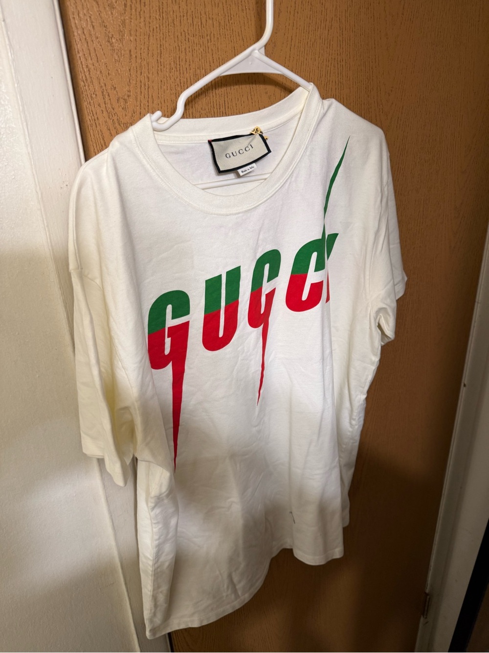 Gucci White Tee with Red & Green Split Logo